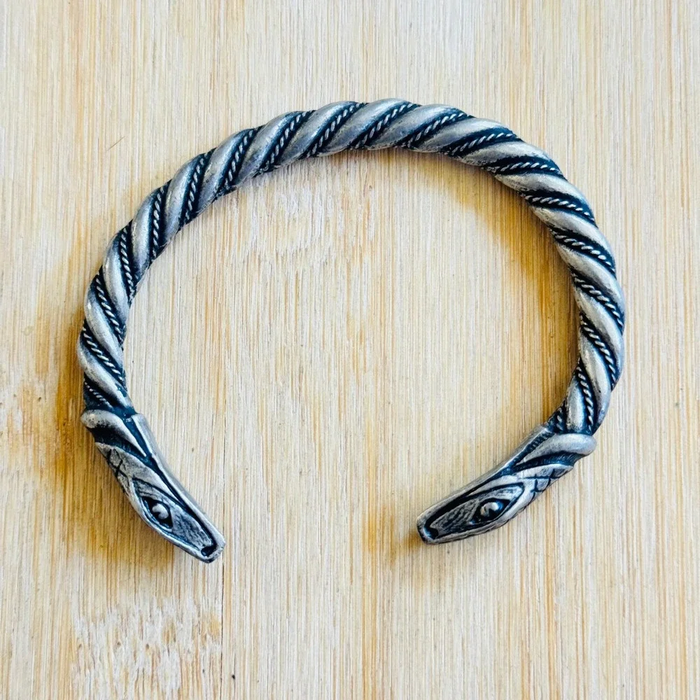 Viking Style Snake Bracelet VTG Cable Cuff Oxidized‎ Silver Plated Statement